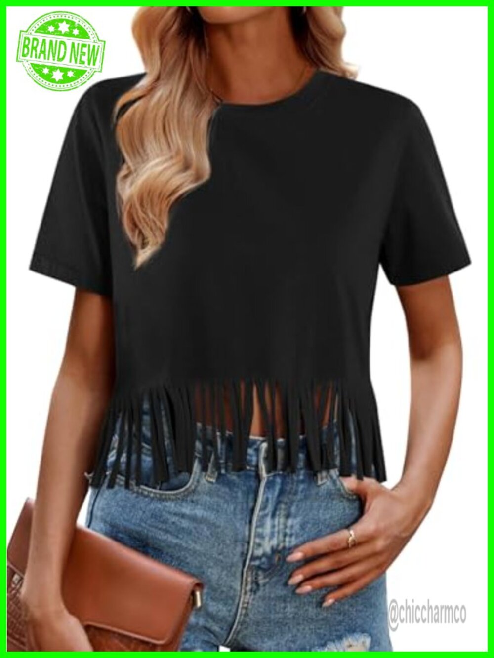 Fringe Crop Top Short Sleeve T-Shirt Cotton Blend Crew Neck Casual